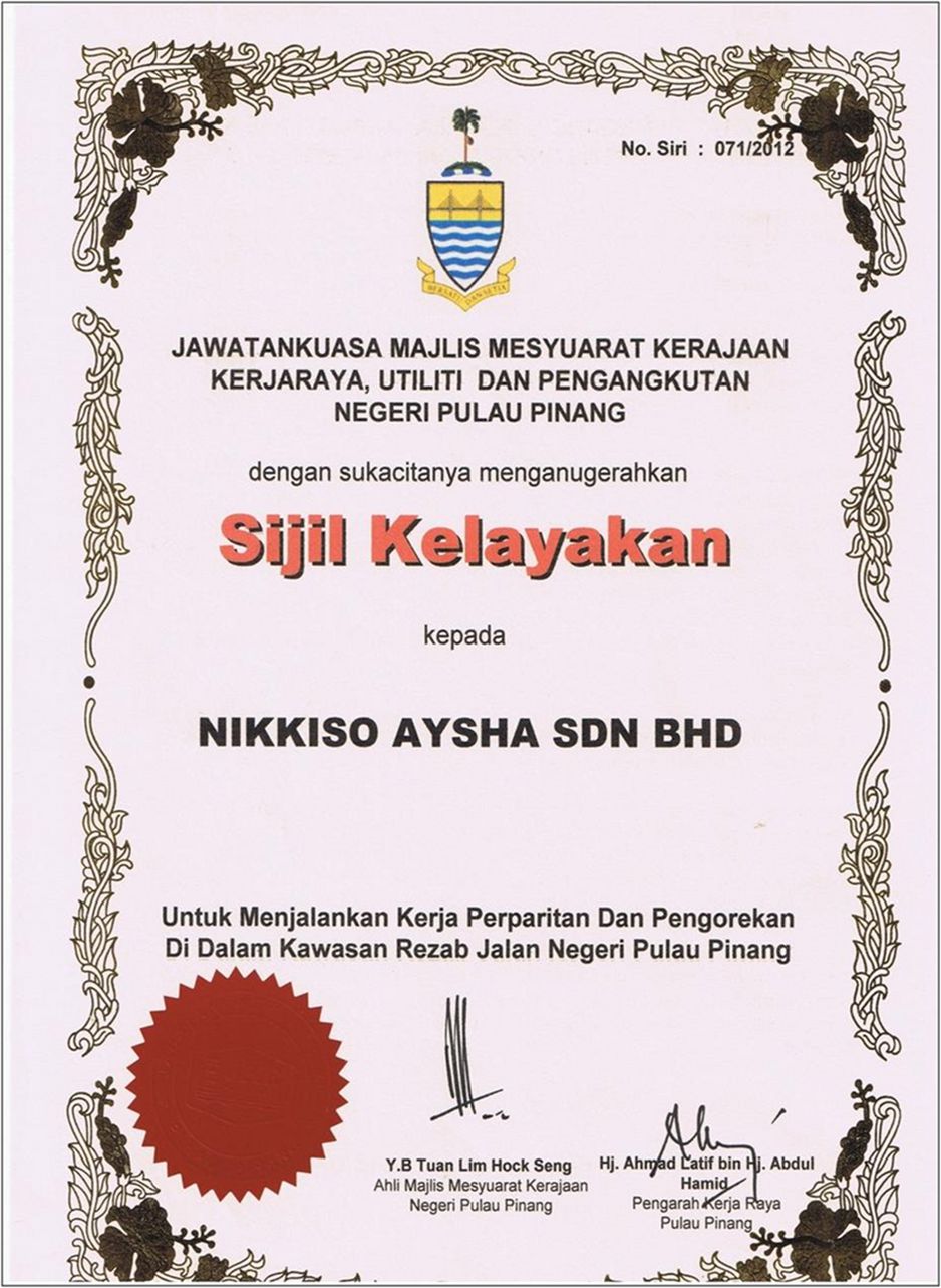 Sijil Kelayakan Kerajaan Negeri Pulau Pinang — NIKKISO-AYSHA SDN BHD