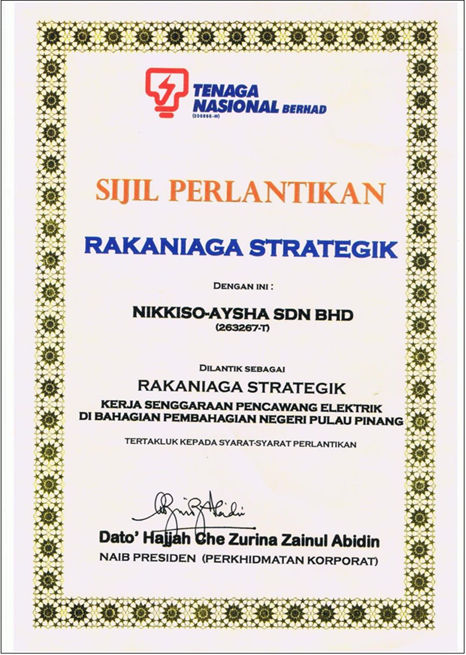 Sijil Perlantikan Rakaniaga Strategik TNB — NIKKISO-AYSHA SDN BHD