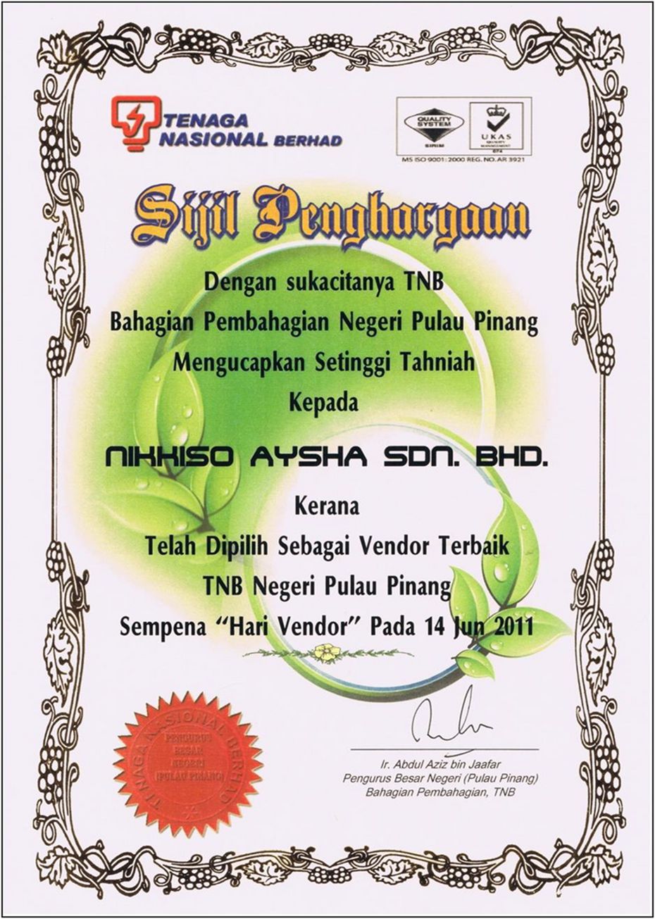 Sijil Penghargaan Vendor Terbaik TNB Pulau Pinang 2011 — NIKKISO-AYSHA SDN BHD