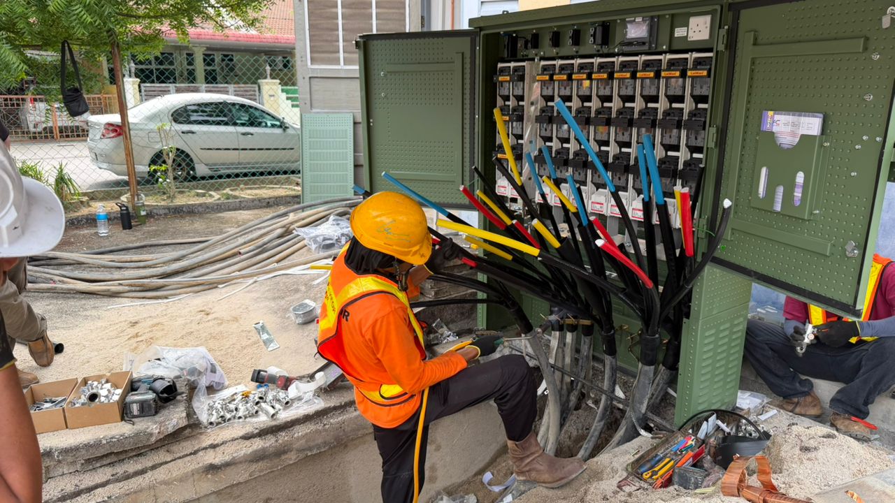 Residential underground cable and feeder pillar installation by a TNB contractor in Penang, Malaysia